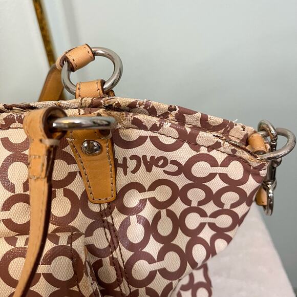 COACH Womens Satchel Shoulder Handbag Purse Signature Coated Canvas Brown Tan - Picture 12 of 16